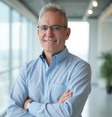 Distinguished professional Dave Dambro stands with his arms crossed in a bright commercial loan office