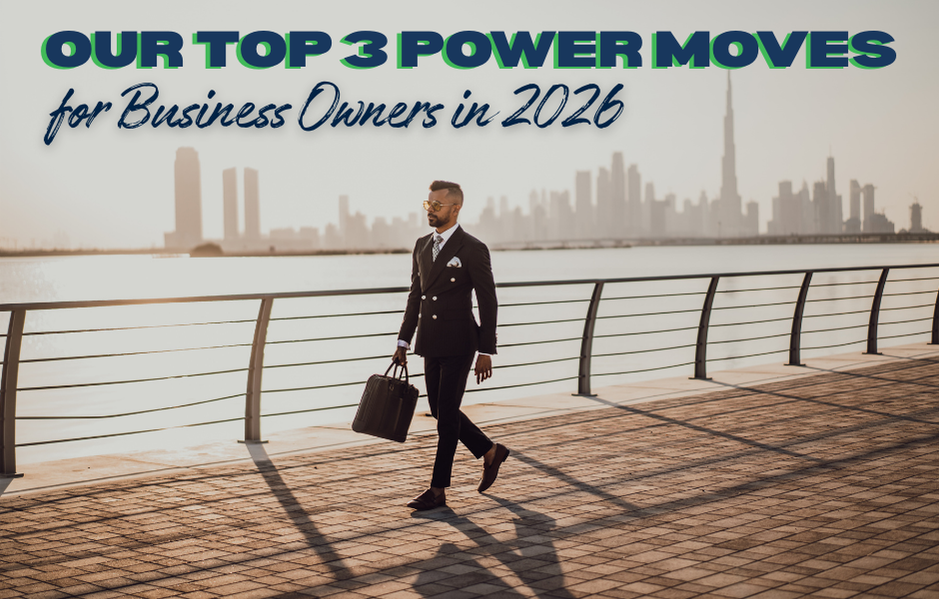 Business power moves/business financing strategies for 2026 featuring a confident business owner walking with a briefcase in a modern city setting