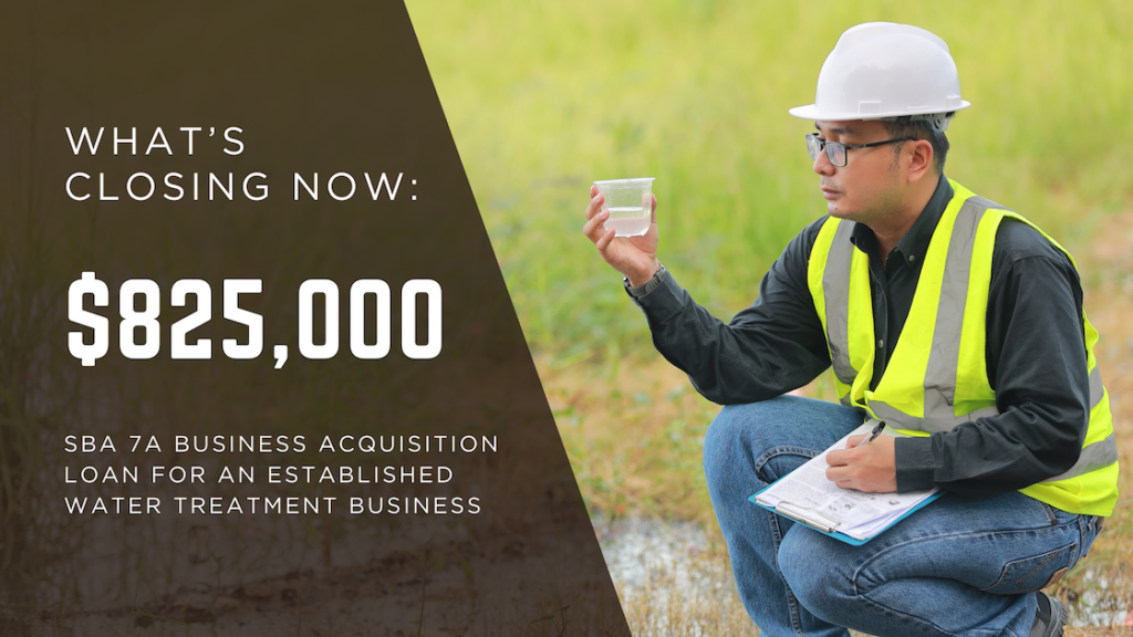 Field technician in safety gear inspecting water sample outdoors, symbolizing an $825,000 SBA 7(a) business acquisition loan for a Florida-based water treatment company.