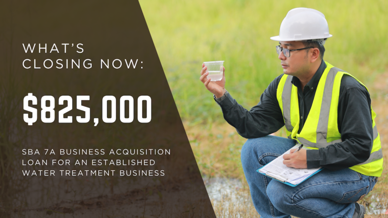 Field technician in safety gear inspecting water sample outdoors, symbolizing an $825,000 SBA 7(a) business acquisition loan for a Florida-based water treatment company.